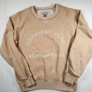 American Eagle Happiest Here Smiley Face Sweatshirt Tan Beige Pullover Small